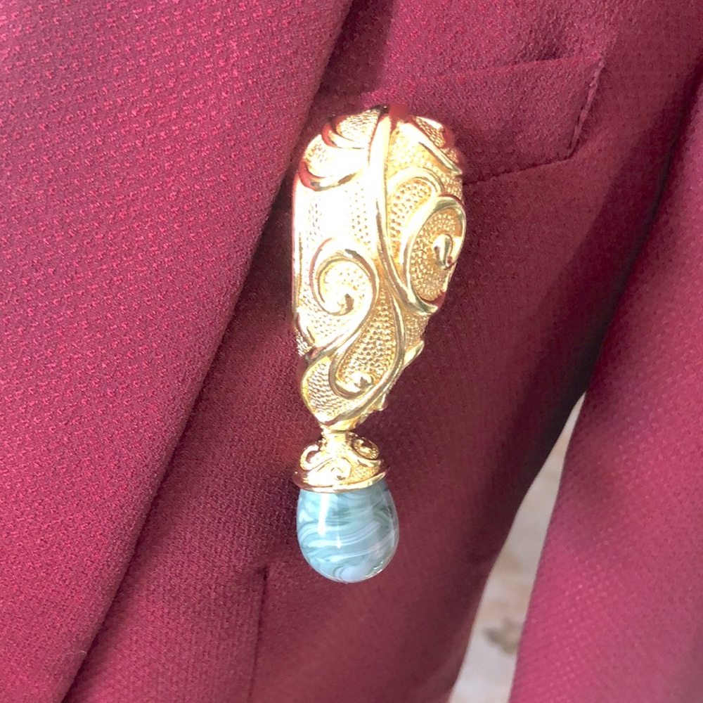 Vintage 90s Signed Jose Barrera for Avon Venetian Mist Green Marbled Brooch Pin